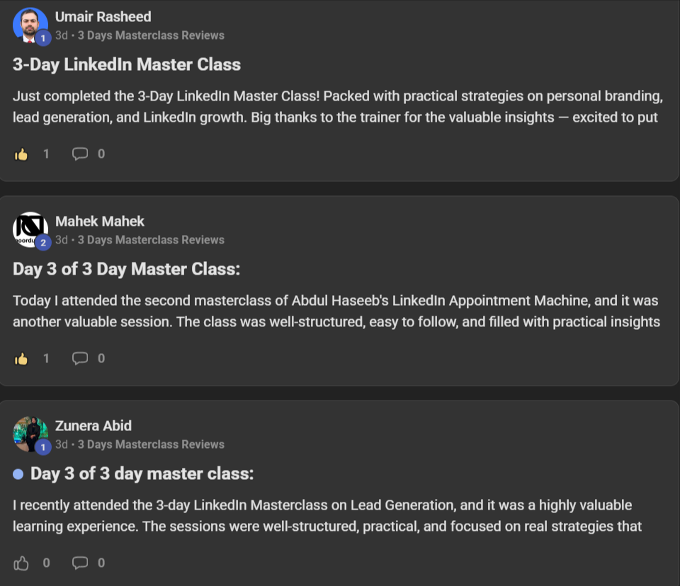 3-Day Masterclass student reviews screenshot 1